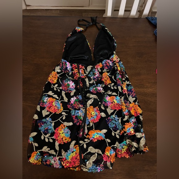 SOLD!!! Size Small Sequin Floral Colorful Dress Halter Top Black Shiny - Picture 8 of 12